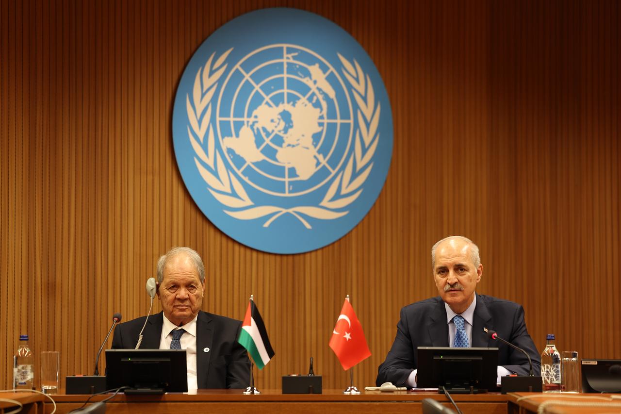 Parliament Speaker Numan Kurtulmus (R) meets with chairman of Palestinian National Council Rawhi Fattouh (L) in Geneva, Switzerland on July 30, 2025. (Photo via Turkish Grand National Assembly)