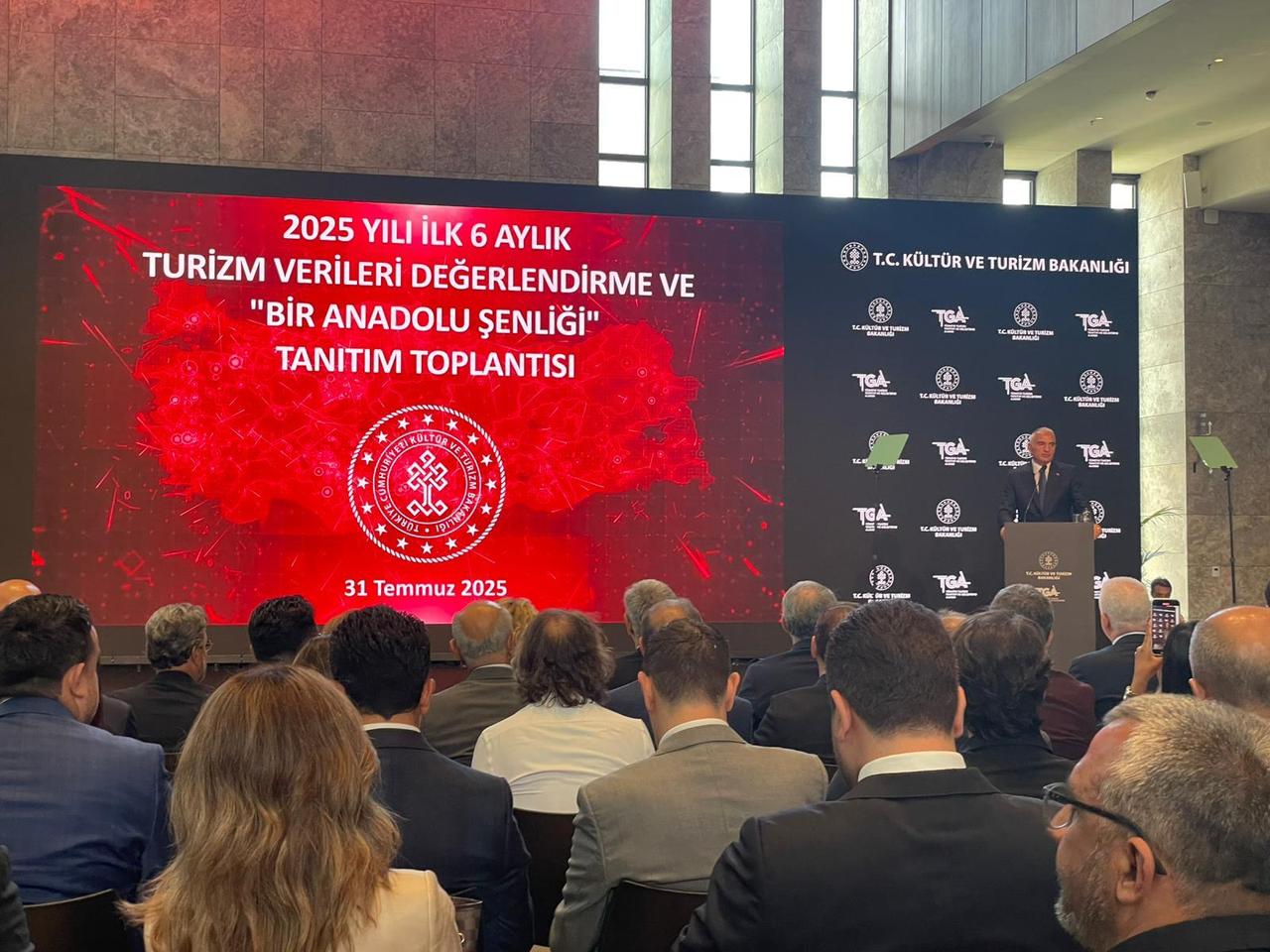 Culture and Tourism Minister Mehmet Nuri Ersoy delivers a presentation on Türkiye’s first-half 2025 tourism performance and introduces the “A Festival of Anatolia” initiative at a press conference held at Ataturk Cultural Center in Istanbul, Türkiye, July 31, 2025. (Photo by Türkiye Today)