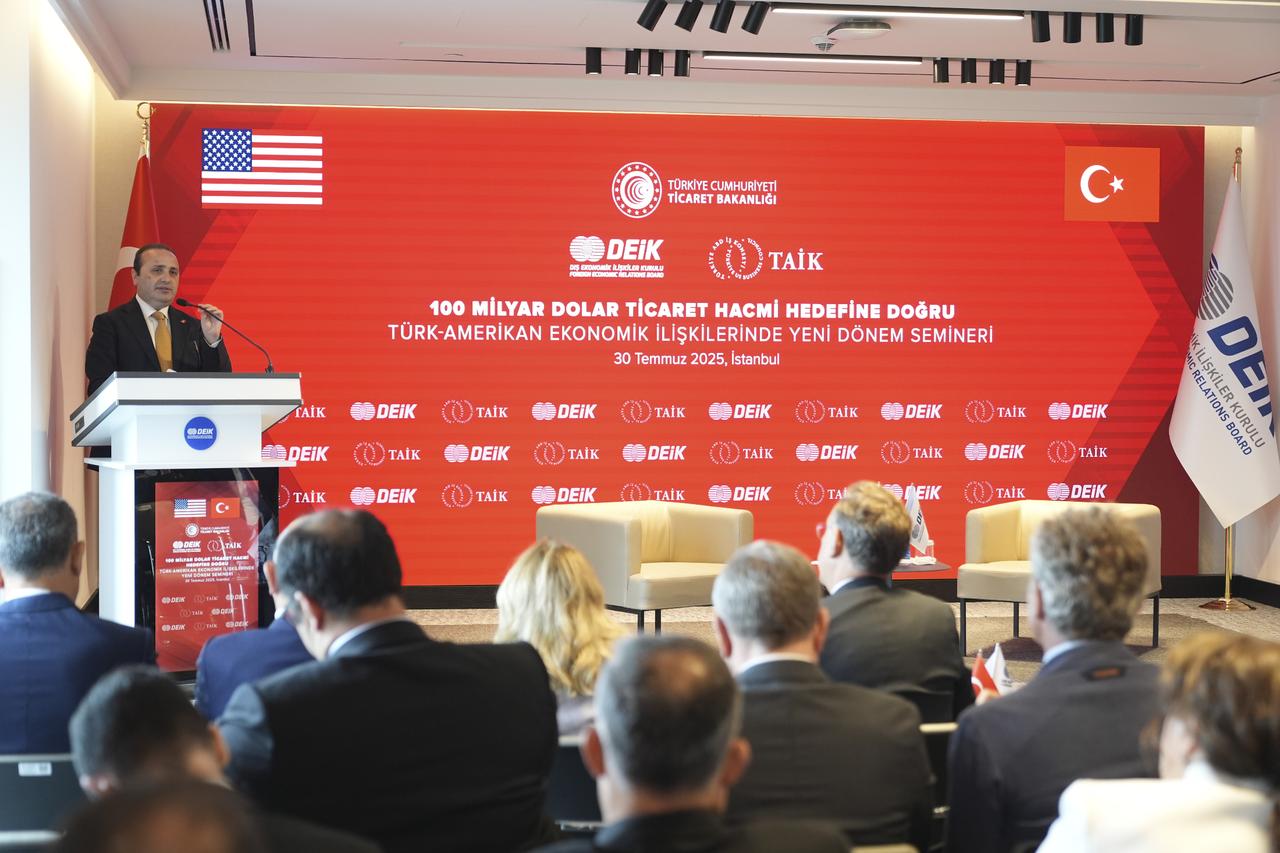 Deputy Minister of Trade Mustafa Tuzcu speaks at the Foreign Economic Relations Board (DEIK)/Türkiye-US Business Council (TAIK) seminar in Istanbul on July 30, 2025. (AA Photo)