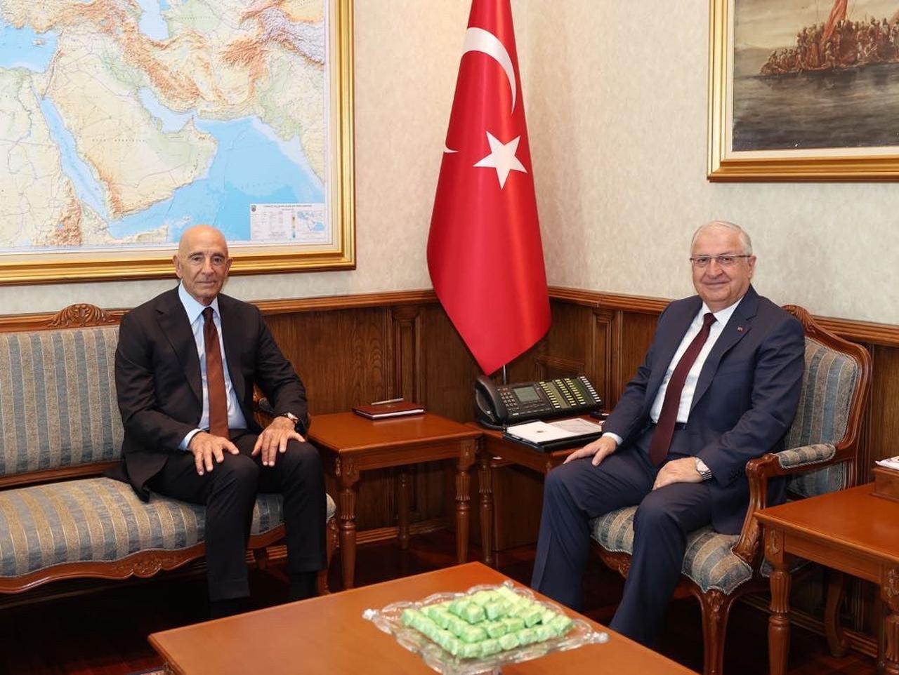 Defense Minister Yasar Guler (R) meets with U.S. Ambassador to Türkiye and US Special Representative for Syria Thomas Barrack (L) in Ankara on 28 July, 2025. (AA Photo)