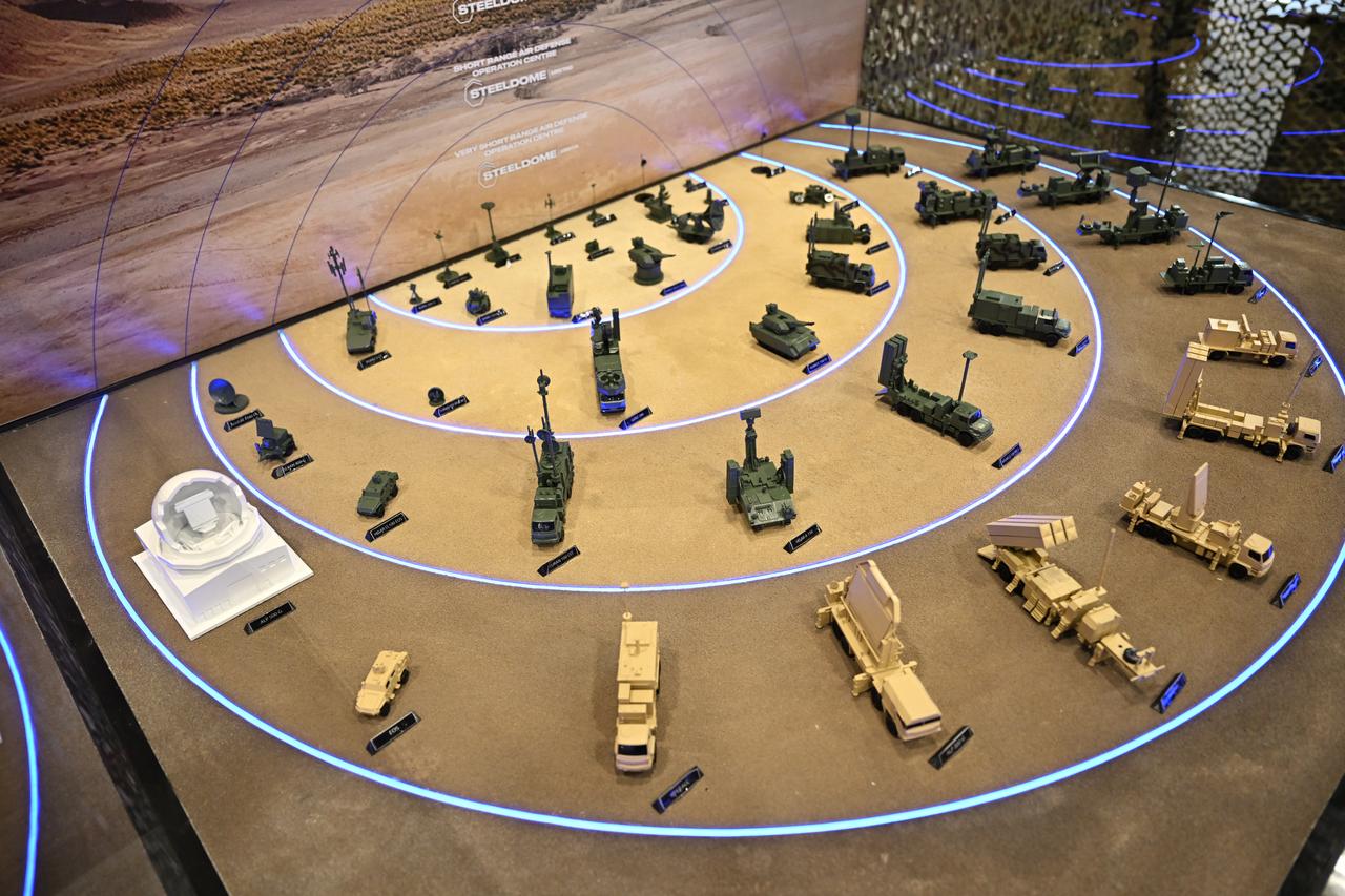 Mock-up of the Steel Dome air defense system components are displayed at the Aselsan stand during IDEF 2025 in Istanbul, Türkiye, on July 24, 2025. (AA Photo)