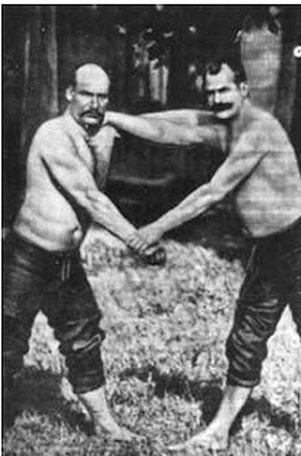 Legendary Turkish oil wrestlers: Kel Alico ''Grim Ali'' (left), Koca Yusuf ''The Terrible Turk'' (right). (Archival Photo)