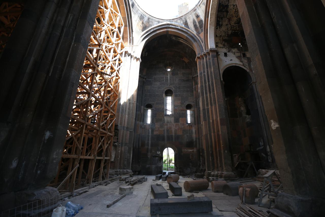 Restoration work continues at the UNESCO World Heritage site Fethiye Mosque (Ani Cathedral) at the Ani archaeological site in Kars, Türkiye on July 3, 2025. (AA Photo)