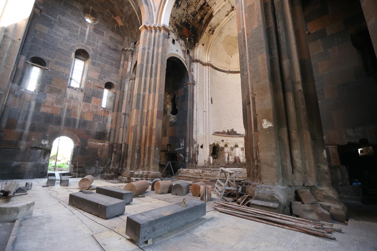 Restoration work continues at the UNESCO World Heritage site Fethiye Mosque (Ani Cathedral) at the Ani archaeological site in Kars, Türkiye on July 3, 2025. (AA Photo)