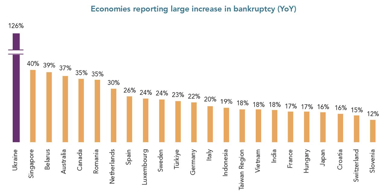 Chart showing the year-on-year increase in corporate bankruptcies across 24 economies in 2024, accessed on July 5, 2025. (Chart via DNB)