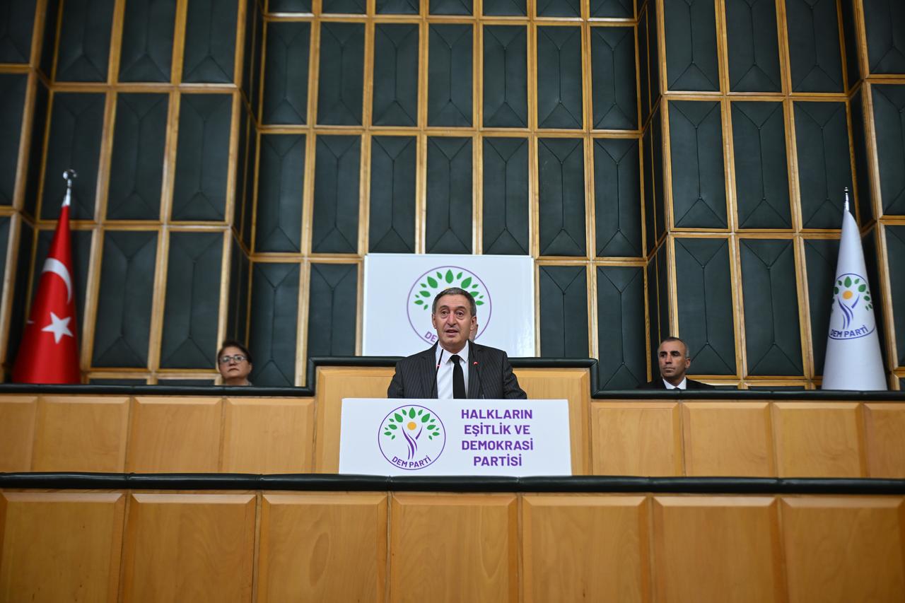DEM Party Co-Chair Tuncer Bakirhan speaks at his party's parliamentary group meeting on July 1, 2025. (AA Photo)