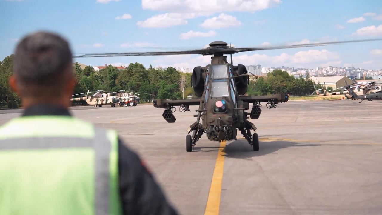 The Turkish Gendarmerie General Command's 14th T129 ATAK helicopter, tail number J-1924 Hurkus, developed by Turkish Aerospace Industries (TAI) on Jul 3, 2025. (Photo via X/@@jandarma)