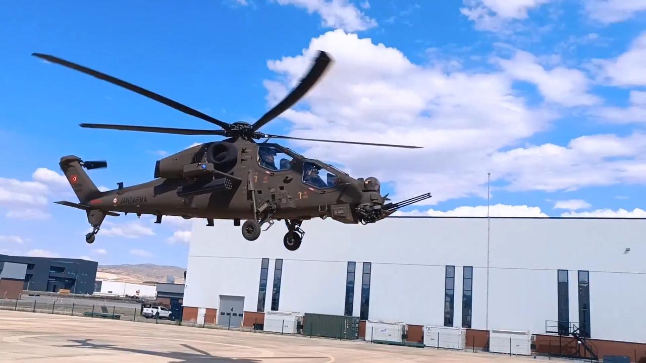 The Turkish Gendarmerie General Command's 14th T129 ATAK helicopter, tail number J-1924 Hurkus, developed by Turkish Aerospace Industries (TAI) on Jul 3, 2025. (Photo via X/@@jandarma)