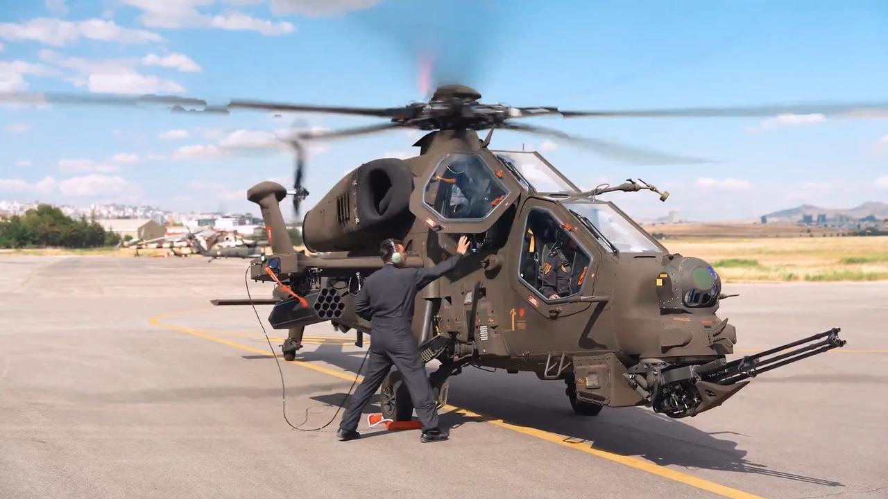The Turkish Gendarmerie General Command's 14th T129 ATAK helicopter, tail number J-1924 Hurkus, developed by Turkish Aerospace Industries (TAI) on Jul 3, 2025. (Photo via X/@@jandarma)