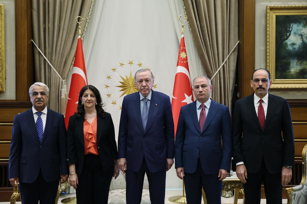 President Recep Tayyip Erdogan (C) received Pervin Buldan, Deputy Speaker of the Grand National Assembly and Member of Parliament for Van, and Mithat Sancar, Member of Parliament for Sanliurfa, both part of the DEM Party delegation, at the Presidential Complex in Ankara, Türkiye on July 7, 2025. (TUR Presidency/AA Photo)
