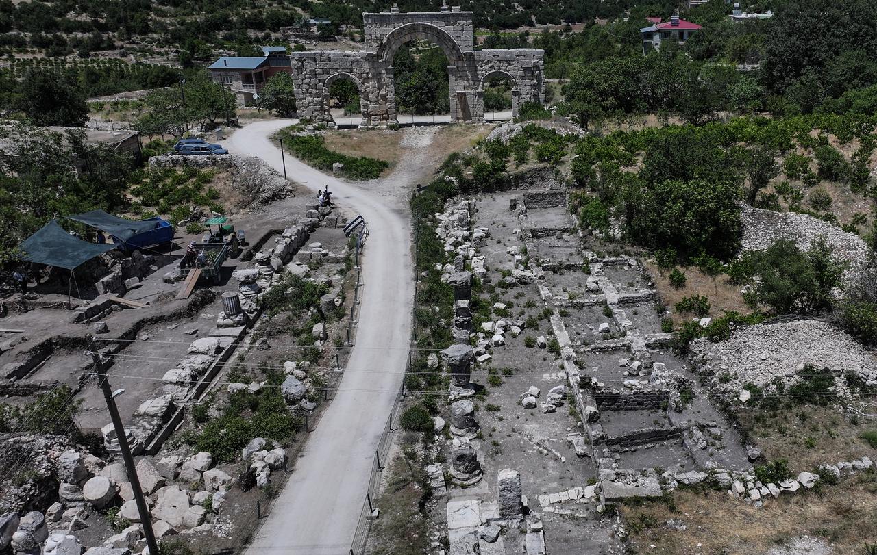 An aerial view from the archaeological excavations at the ancient city of Uzuncaburc in Mersin, home to well-preserved structures dating back to the Hellenistic period, July 8, 2025. (AA Photo)