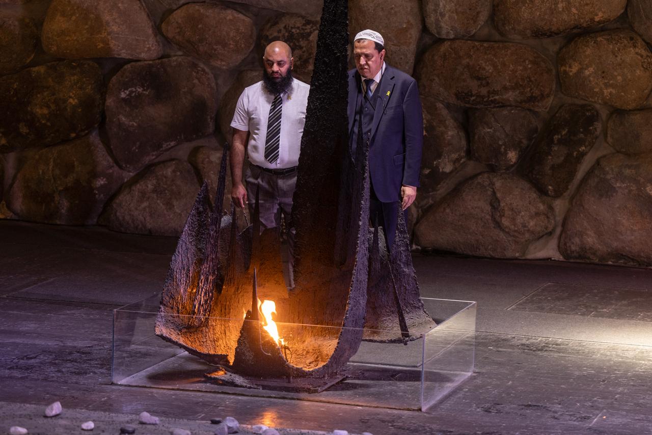 French Imam Hassen Chalghoumi (R) and English Imam Dahri Nour Mouhammad, part of a delegation of Imams and Muslim community leaders to President Isaac Herzog ,in Jerusalem ,on July 8, 2025.(Photo via AFP)