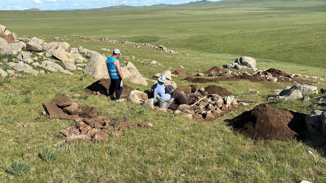 A view from the archaeological excavations of medieval nomadic burial and monument sites located in the Shovh Uul Mountain and Tuul River basin of Altanbulag district, Tuv Province, Mongolia, carried out in cooperation between Istanbul University and the National University of Mongolia, with the Ilterish Foundation as the main sponsor, July 8, 2025. (AA Photo)
