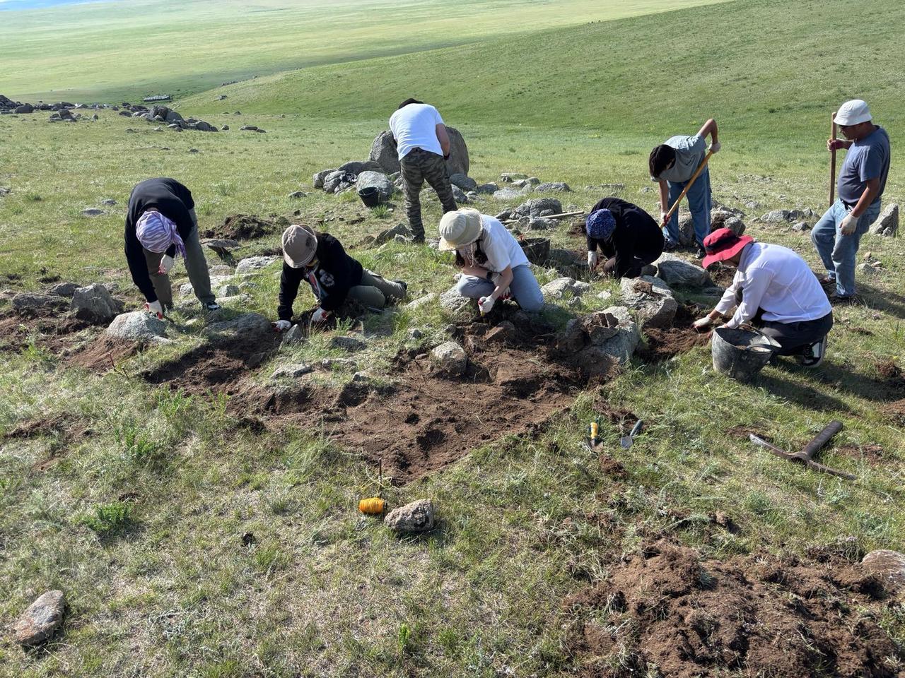 A view from the archaeological excavations of medieval nomadic burial and monument sites located in the Shovh Uul Mountain and Tuul River basin of Altanbulag district, Tuv Province, Mongolia, carried out in cooperation between Istanbul University and the National University of Mongolia, with the Ilterish Foundation as the main sponsor, July 8, 2025. (AA Photo)