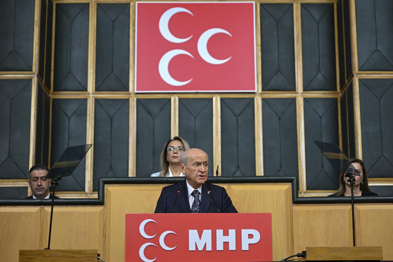 Turkiyes Nationalist Movement Party (MHP) leader Devlet Bahceli makes a speech during his partys group meeting at the Turkish Grand National Assembly in Ankara, Turkiye on July 8, 2025. (AA Photo)
