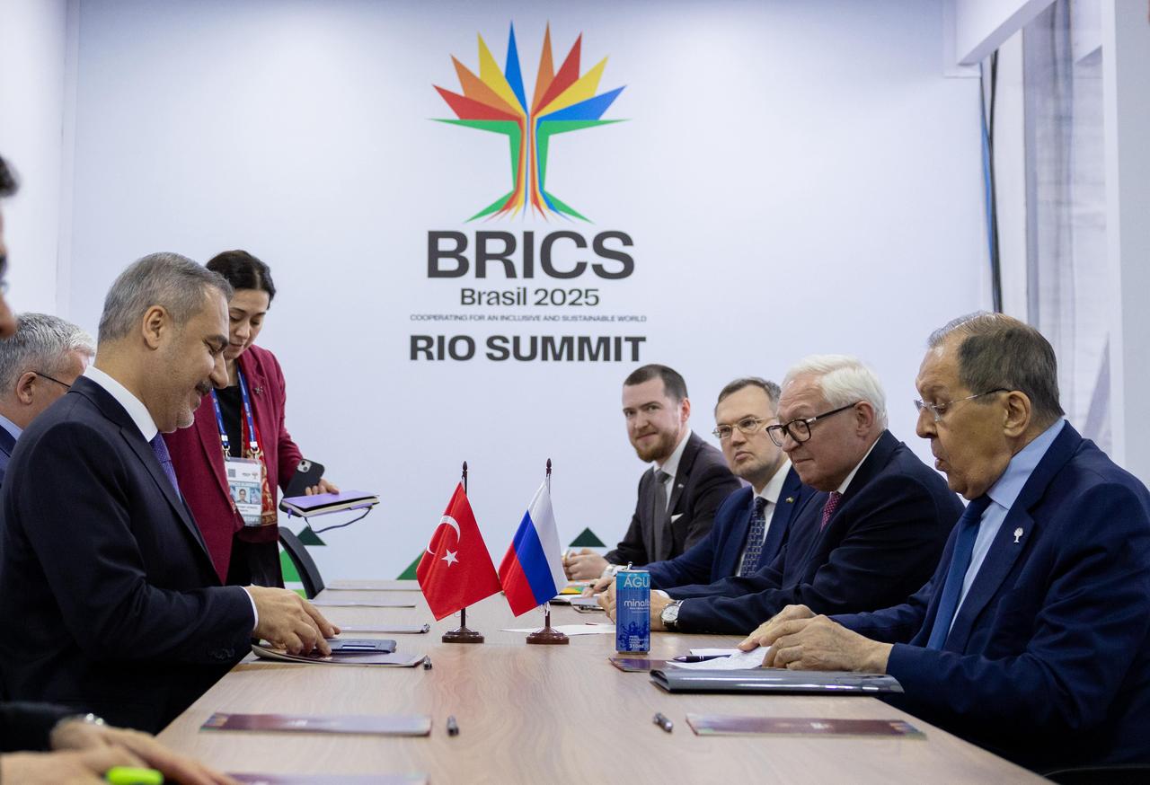 Turkish Foreign Minister Hakan Fidan (R) meets with Russian Foreign Minister Sergey Lavrov (L) within BRICS Summit in Rio De Janeiro, Brazil on July 06, 2025. (AA Photo)