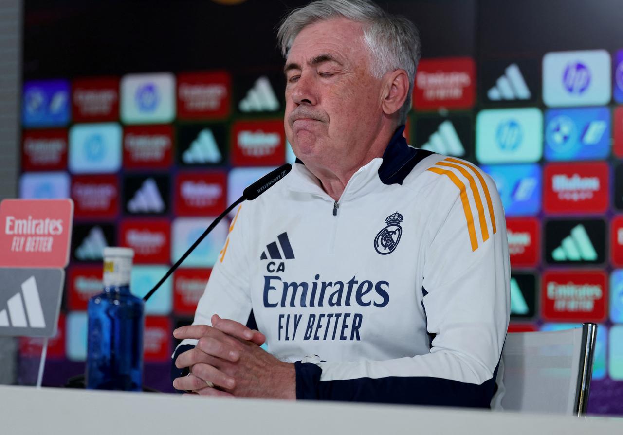 Real Madrid’s Italian coach Carlo Ancelotti gives a press conference at Real Madrid Sports City in Valdebebas ahead of their Liga football match against Mallorca, in Madrid on May 13, 2025. (AFP Photo)