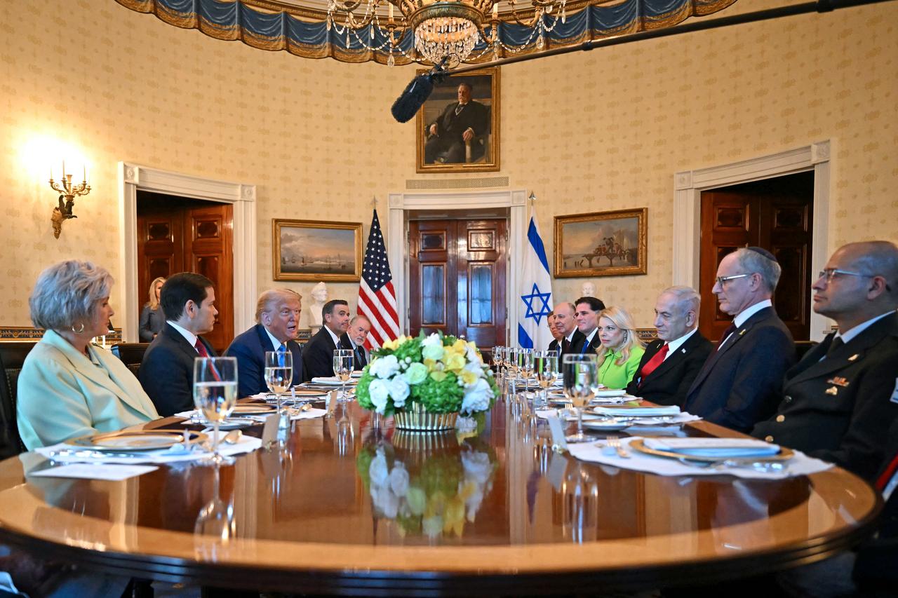 US President Donald Trump meets with Israeli Prime Minister Benjamin Netanyahu at the Blue Room of the White House in Washington, DC, on July 7, 2025. (AFP Photo)
