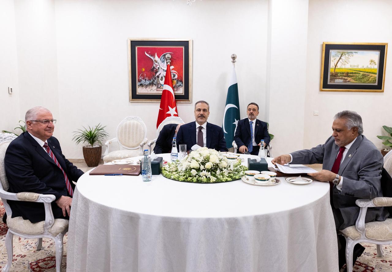 Turkish Foreign Minister Hakan Fidan and Defense Minister Yasar Guler meet with Pakistani Foreign Minister Muhammad Ishaq Dar during an official visit to Islamabad, Pakistan, on July 9, 2025. (AA Photo)