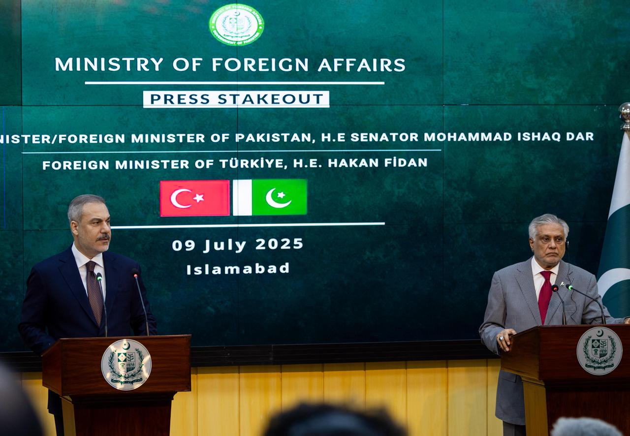 Turkish Foreign Minister Hakan Fidan (L) and Pakistani Deputy Prime Minister and Foreign Minister Muhammad Ishaq Dar (R) speak at a press conference following their meeting during an official visit to Islamabad, Pakistan, on July 9, 2025. (AA Photo)