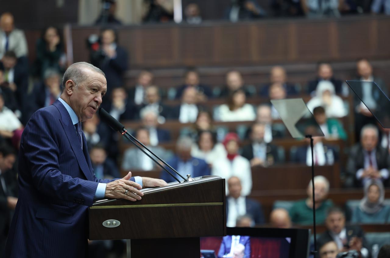 Turkish President and Leader of the Justice and Development (AK) Party Recep Tayyip Erdogan speaks during his party's group meeting at the Turkish Grand National Assembly in Ankara, capital of Turkiye on July 9, 2025. (AA Photo)