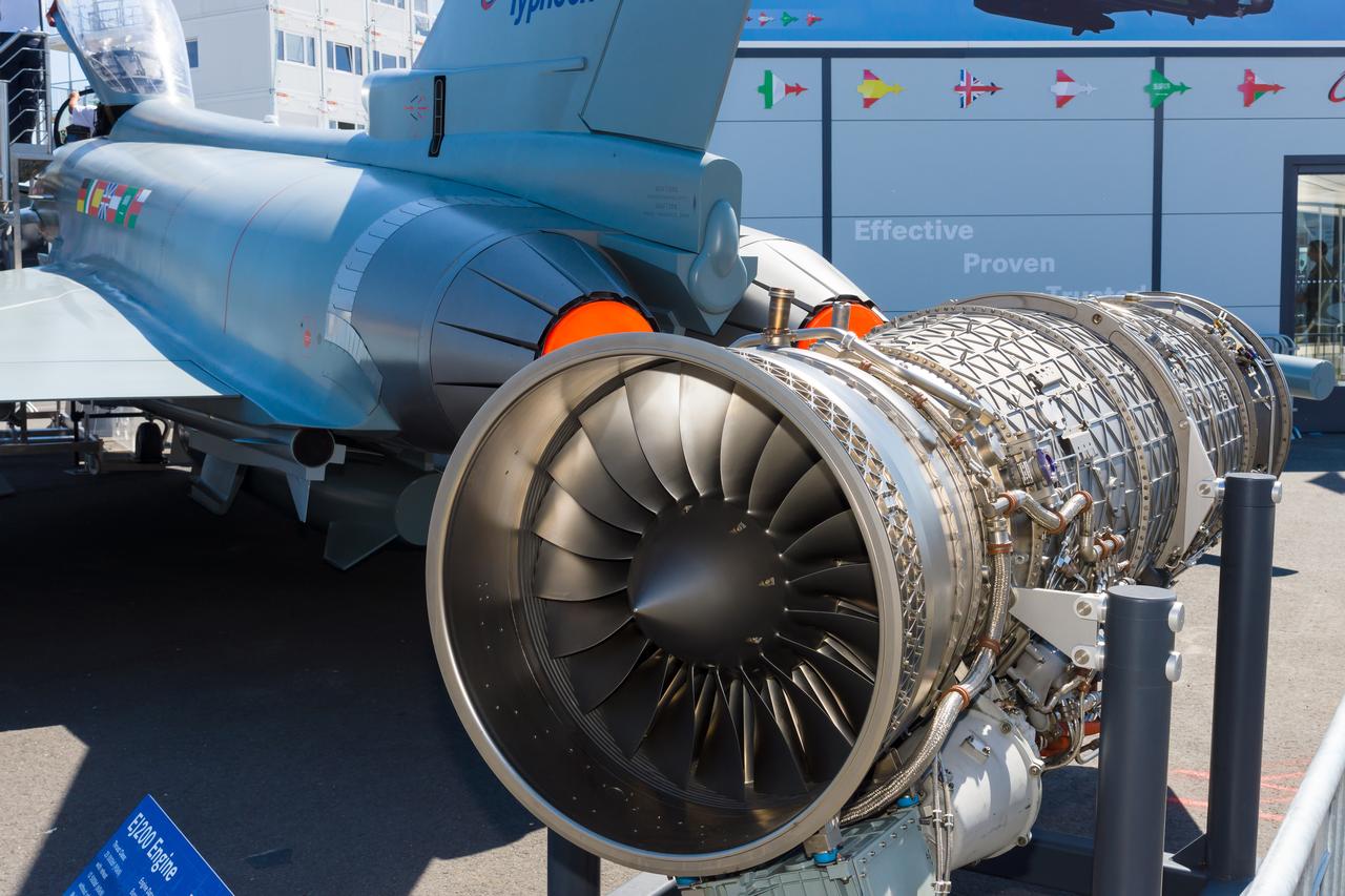 A military turbofan Eurojet EJ200, used as the powerplant of the multirole fighter Eurofighter Typhoon at ILA Berlin Air Show 2014 in in Berlin, Germany on May 21, 2014. (Adobe Stock Photo)