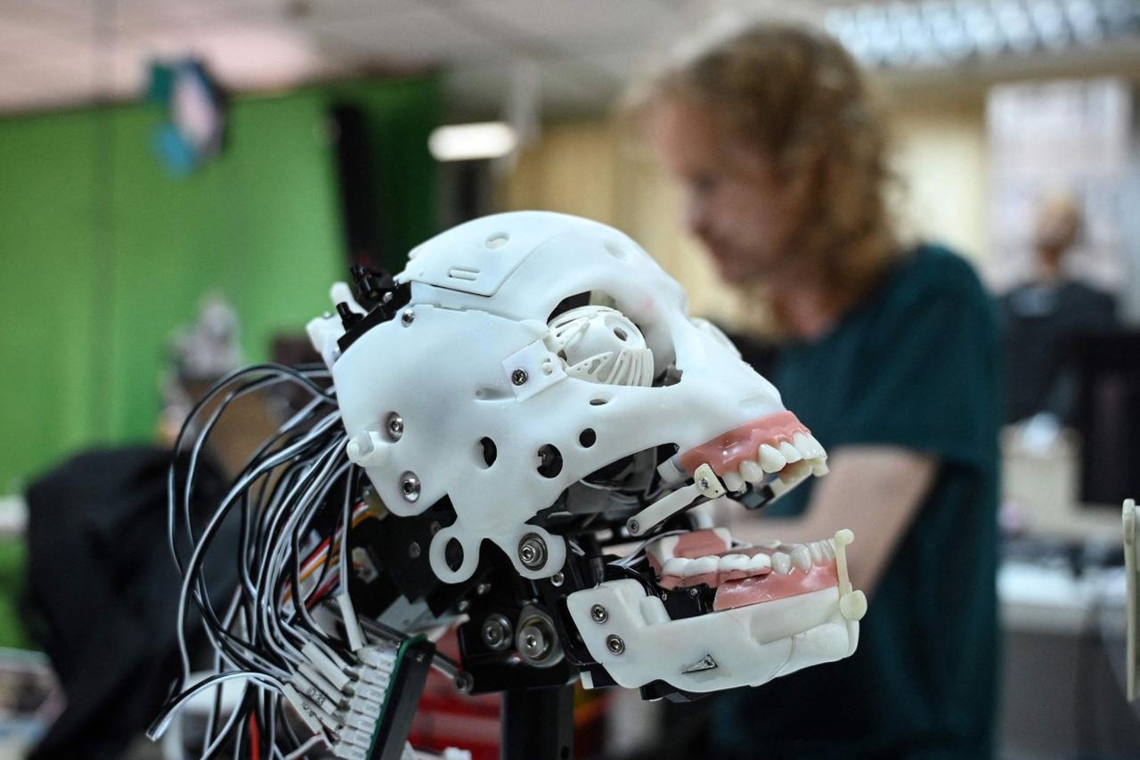 A robot being assembled at Hanson Robotics, a robotics and artificial intelligence company which creates human-like robots, in Hong Kong, May 10, 2023. (AFP Photo)