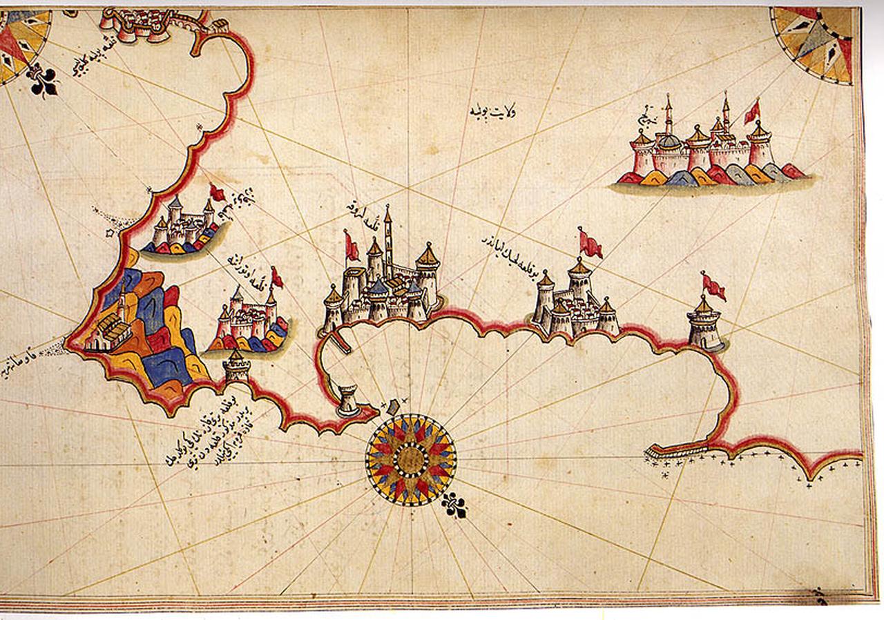 Map detail showing Otranto in Italy from Piri Reis’s 16th-century navigation book, Kitab-i Bahriye. (Photo via Wikimedia)
