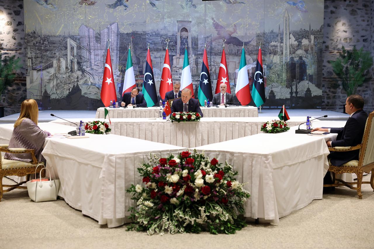 Turkish President Recep Tayyip Erdogan receives Italian Prime Minister Giorgia Meloni and Libyan Prime Minister Abdul Hamid Dbeibeh at Dolmabahce Working Office in Istanbul, Türkiye on August 1, 2025. (Turkish Presidency / AA Photo)