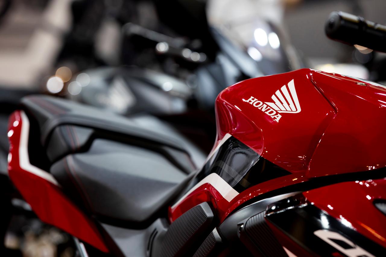 Close-up of Honda logo is seen on a red motorbike at Sofia Motor Show, Sofia, Bulgaria, June 3, 2022