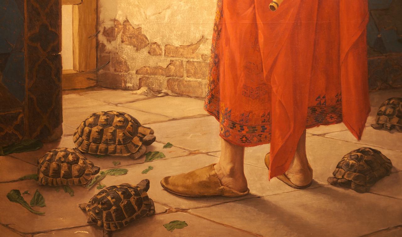 Details of the tortoises in Osman Hamdi Bey’s The Tortoise Trainer, Pera Museum, Istanbul, Türkiye, July 2025. (Photo by Koray Erdogan/Türkiye Today)