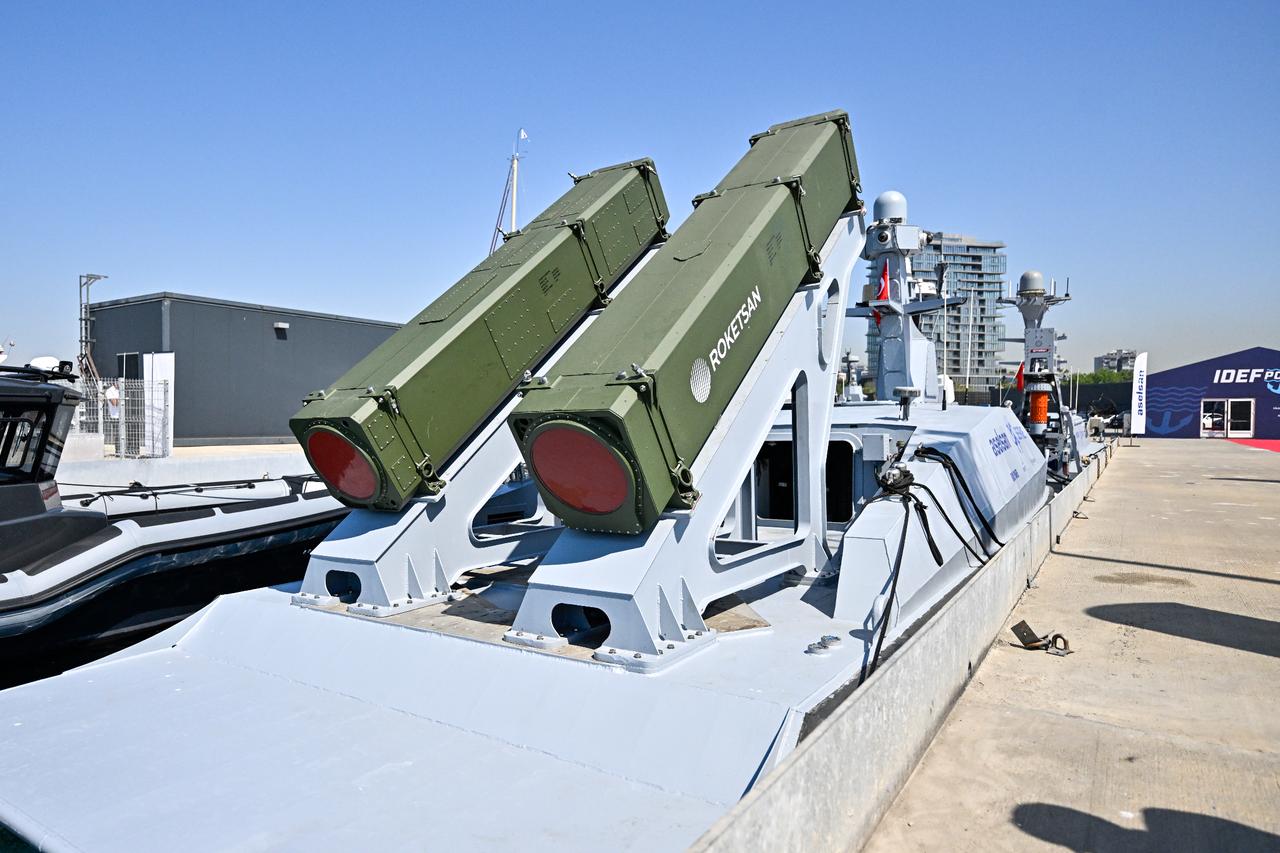 A view of the Marlin Unmanned Surface Vehicles (USVs) with Roketsans Cakir missile anchored off the coast of Atakoy Marina during IDEF 2025 in Istanbul, Türkiye, on July 23, 2025. (AA Photo)