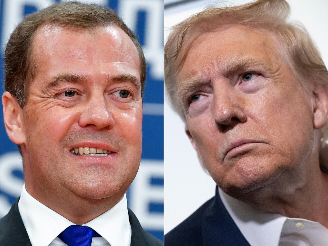 This combination of pictures shows, L/R, then-Russian Prime Minister Dmitry Medvedev in Belgrade, on October 19, 2019 and U.S. President Donald Trump aboard Air Force One on July 29, 2025, as he returns to Washington following a trip to Scotland, accessed created on August 01, 2025 . (AFP Photo)