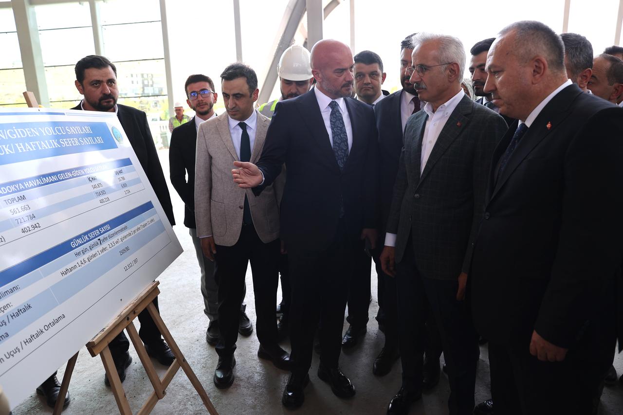Türkiye’s Transport and Infrastructure Minister Abdulkadir Uraloglu (second from right) inspects the ongoing construction of the new terminal building at Cappadocia Airport in Nevsehir, Türkiye. (AA Photo)