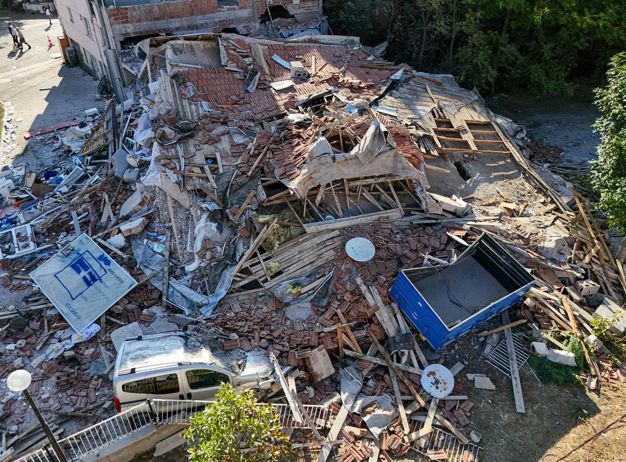 An aerial view of the collapsed building after the 6.1-magnitude earthquake in the Camikebir Neighborhood of Sindirgi district, Balikesir, Türkiye, August 11, 2025. (AA Photo)