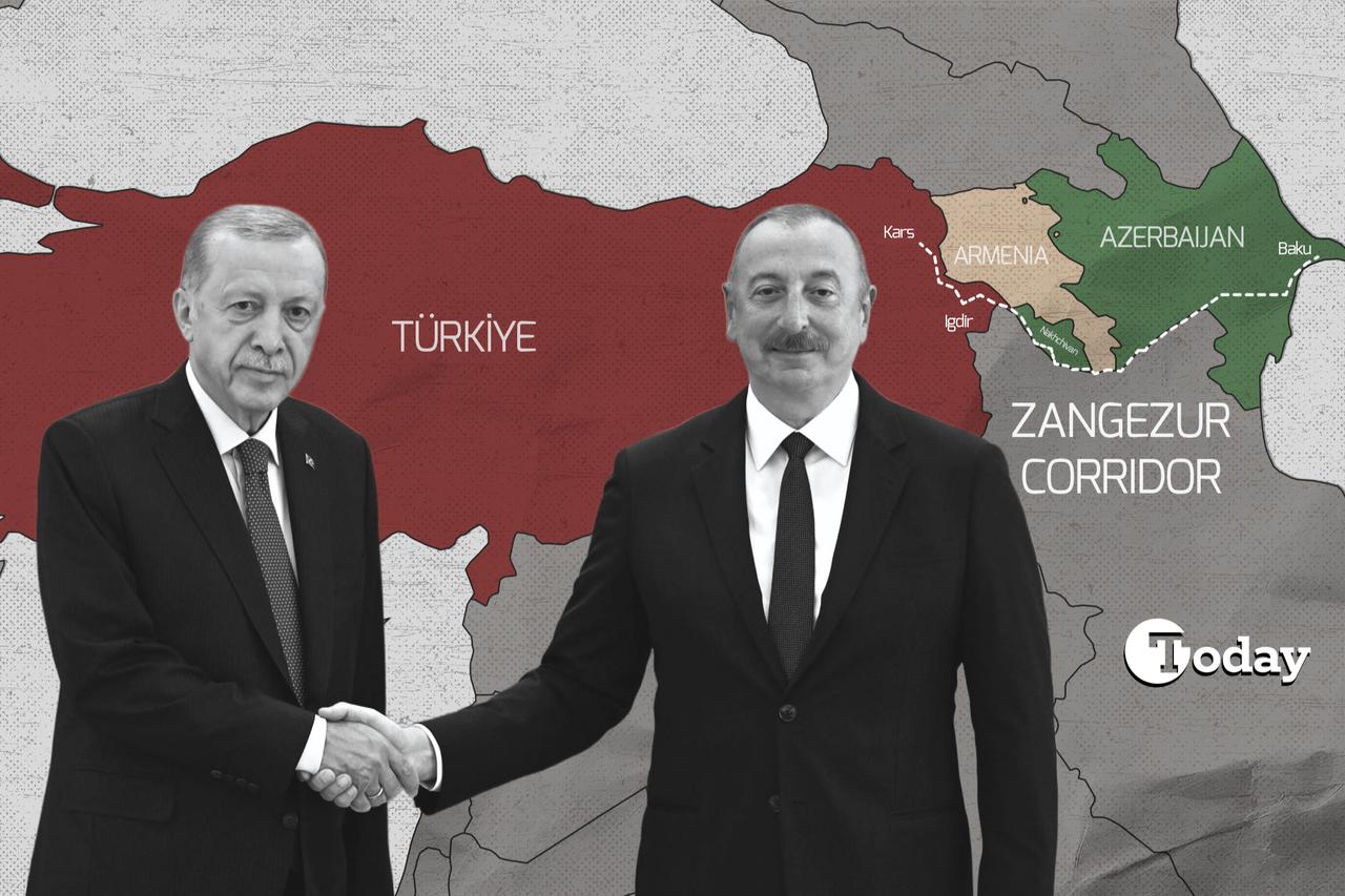 President Recep Tayyip Erdogan (L) and Azerbaijani President Ilham Aliyev (R) shaking hands in front of a Zangezur Corridor illustration. (Illustration via Türkiye Today)
