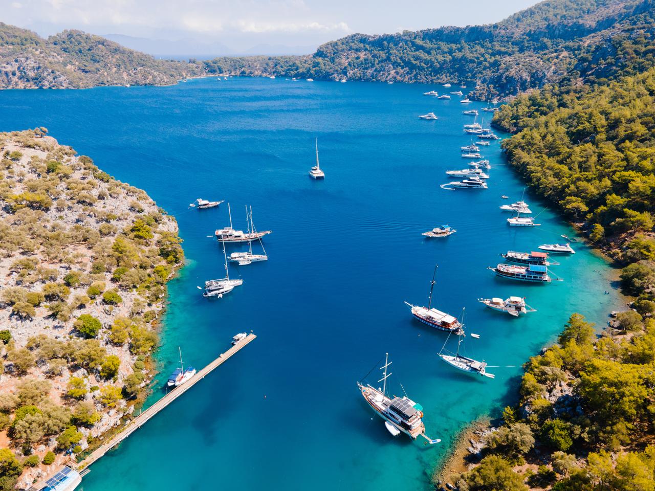 Aerial drone view of Binlik Bay, situated between Gocek and Dalaman in Fethiye, Türkiye. (Adobe Stock Photo)