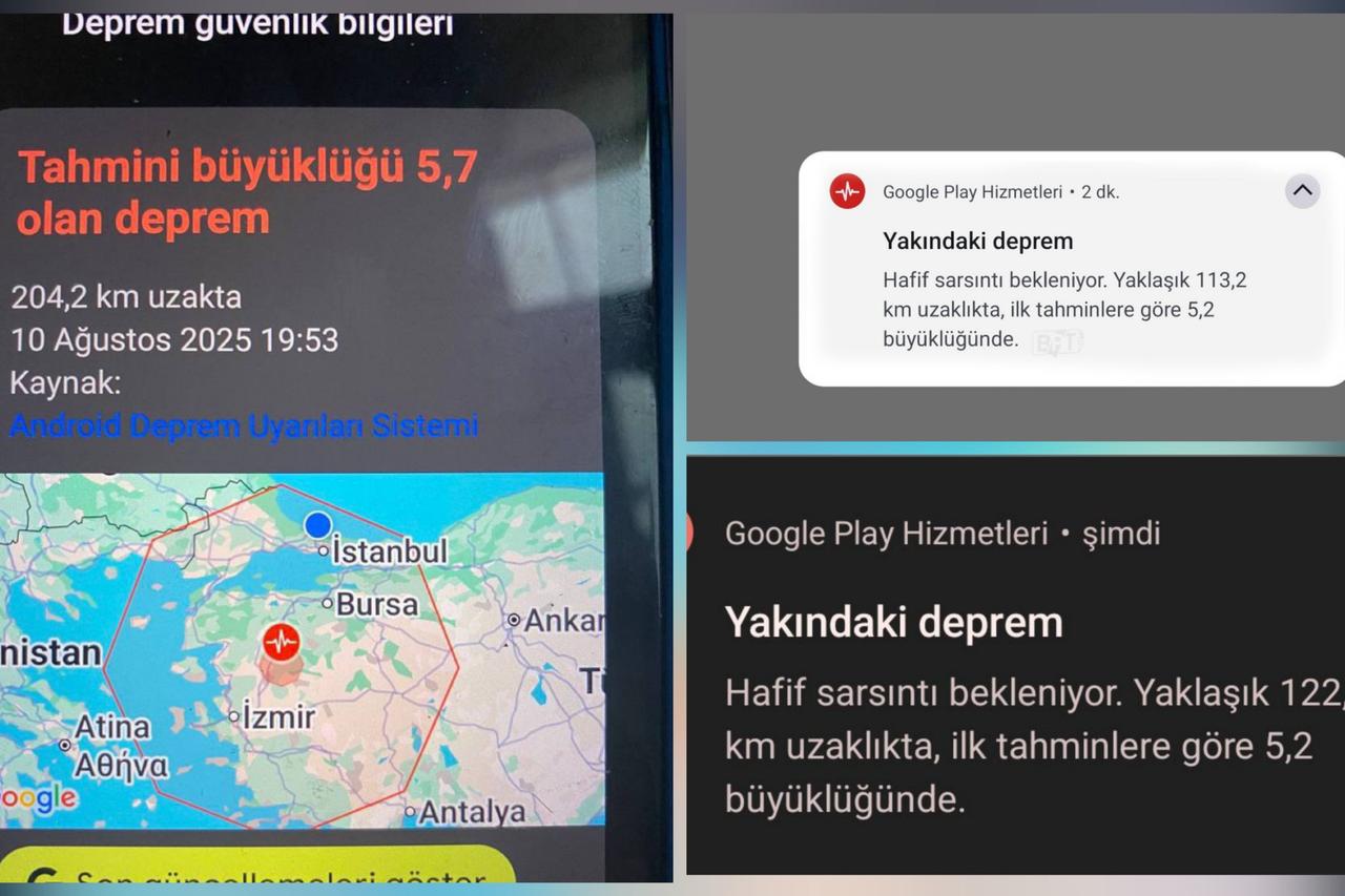A collage of screenshots showing the earthquake warning notification sent to Android phones 30 seconds before the 6.1-magnitude earthquake in Sindirgi district of Balikesir, Türkiye, August 10, 2025. (Photos via donanimhaber.com)