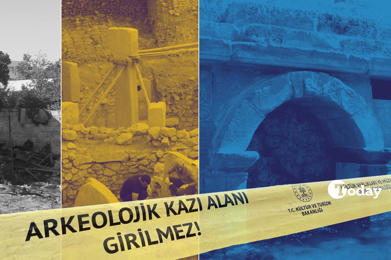 A photo collage featuring a safety tape with the warning  Archaeological excavation area, no entry!  prominently displayed, along with images of archaeological sites in Tarsus, Gobeklitepe, and Hierapolis, August 11, 2025. (Photo collage by Koray Erdogan/Türkiye Today)