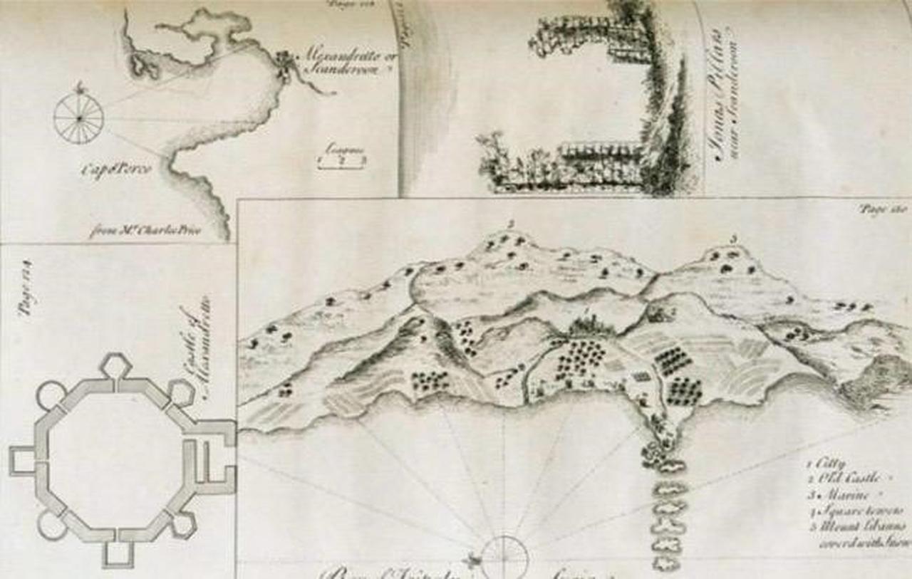 An old map from the State Archives showing the location of the historic Iskenderun Castle, unearthed through excavation works in Iskenderun district of Hatay, Türkiye, August 9, 2025. (IHA Photo)