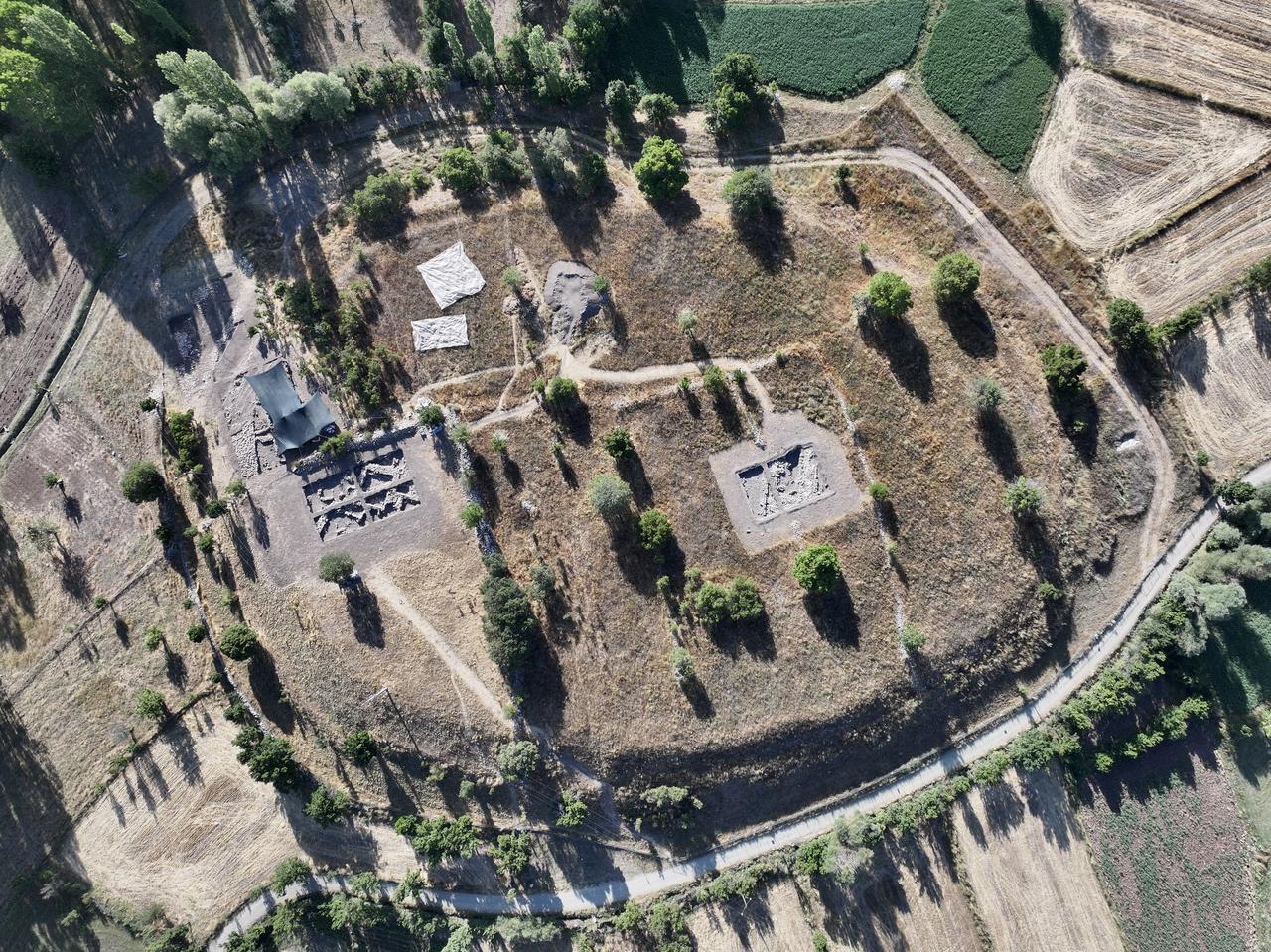 An aerial view of the excavation site of Caltilar Hoyuk (Mound) as archaeological studies continue in Mugla, Türkiye, August 10, 2025. (AA Photo)