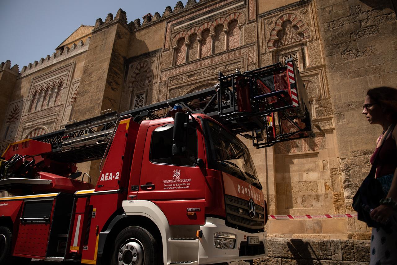 A firefighters truck parks along the historic mosque-cathedral of Cordoba after a fire broke out the previous day in the monument, in Cordoba southern Spain, August 9, 2025. (AFP Photo)