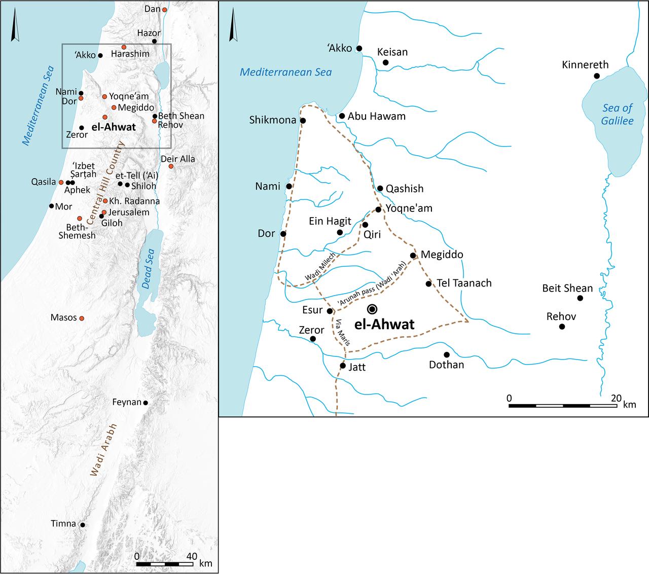 a. Map of the southern Levant with sites mentioned in the text. b. Map of el-Ahwat and vicinity, including nearby sites populated in the Late Bronze Age and/or Iron Age I and main roads. (Image via PLOS One)
