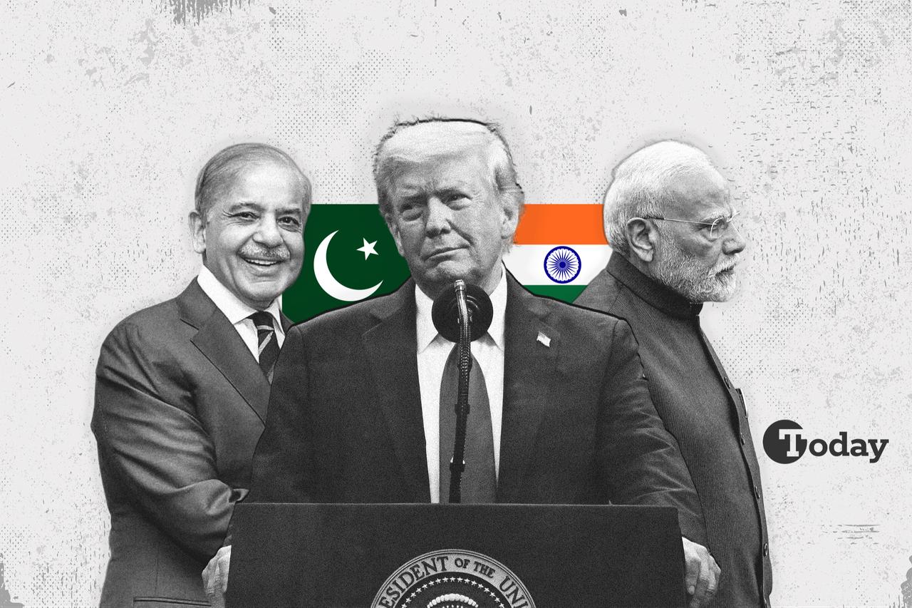 US President Donald Trump (C), Pakistani Prime Minister Shehbaz Sharif (L) and Indian Prime Minister Narendra Modi (R). (Collage by Türkiye Today)
