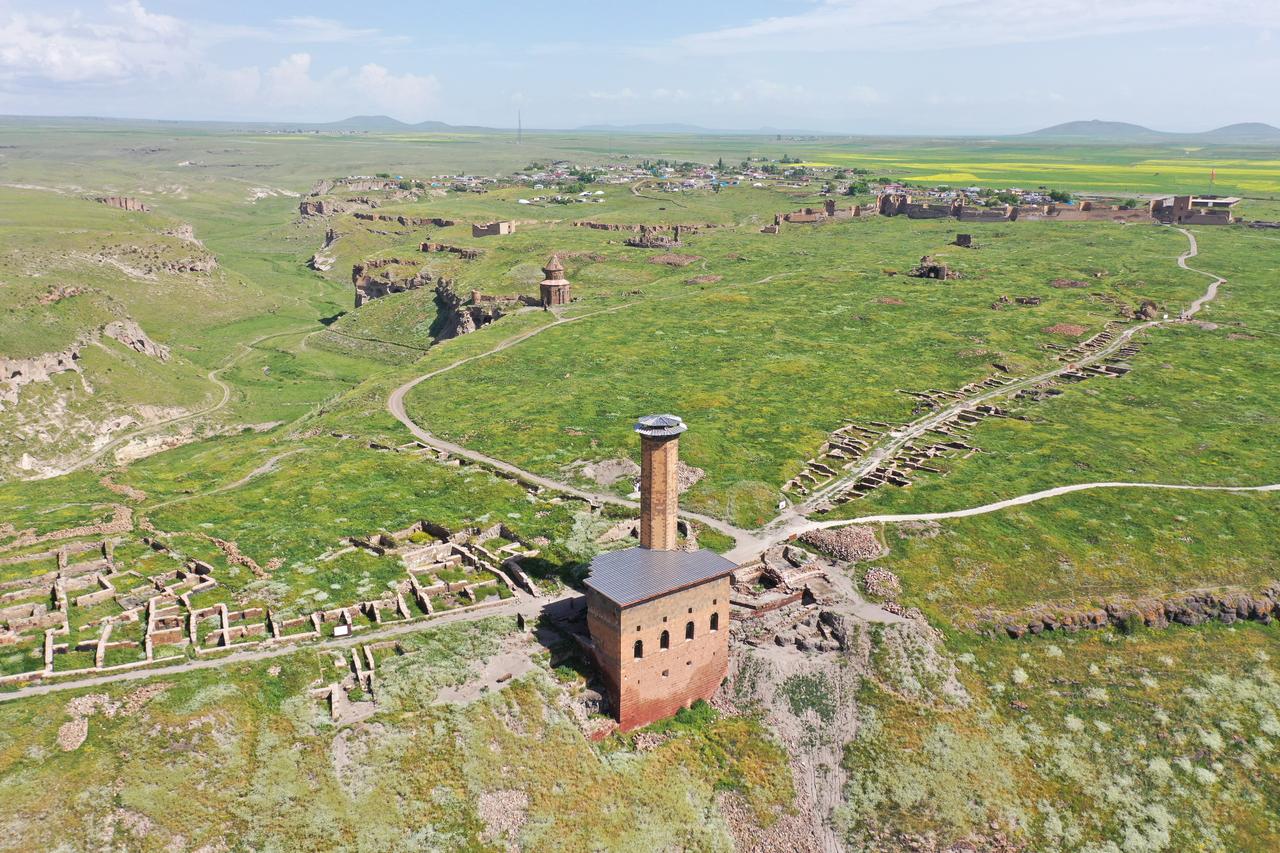 An aerial view of the Menucihr Mosque (also known as Ani Grand Mosque), located within the UNESCO World Heritage Site of Ani Ruins, holds the distinction of being the first Turkish mosque built in Anatolia, preserving the architectural and cultural traces of centuries past in Kars, Türkiye, May 30, 2025. (AA Photo)