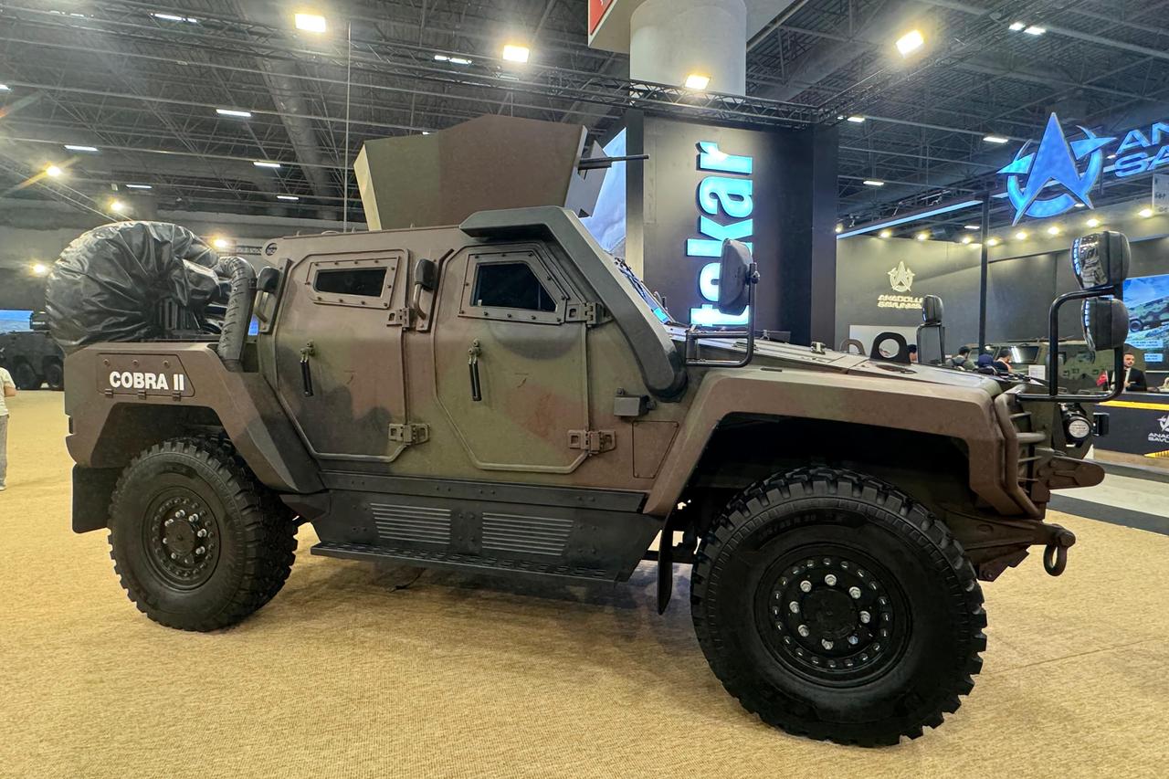 The COBRA II 4x4 armored vehicle, equipped with an open turret for Romania, was exhibited at IDEF 2025, in Istanbul, Türkiye on July 2025. (AA Photo)