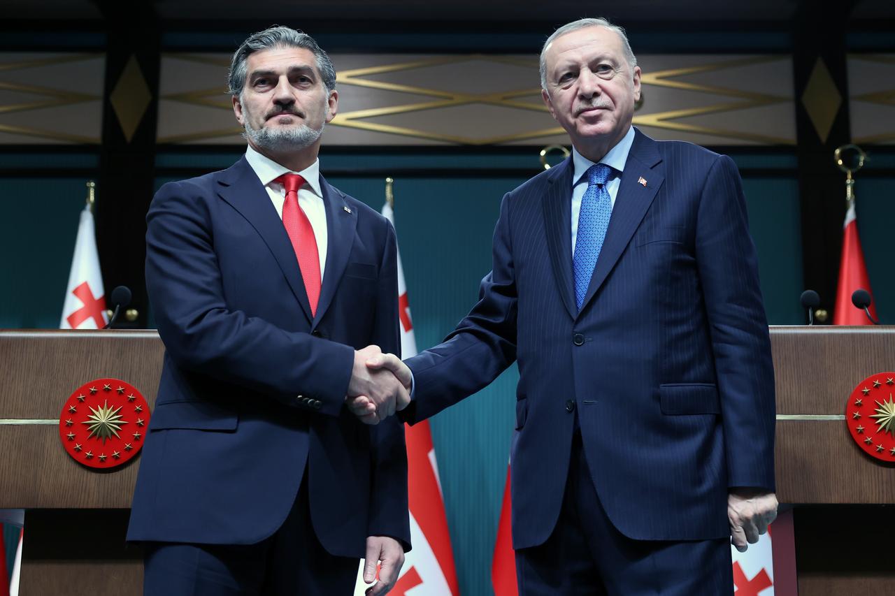 President Recep Tayyip Erdogan (R) and Georgian President Mikheil Kavelashvili (L) hold a joint press conference at Presidential complex in Ankara, Turkiye on August 12, 2025. ( TUR Presidency /Murat Cetinmuhurdar - AA Photo)