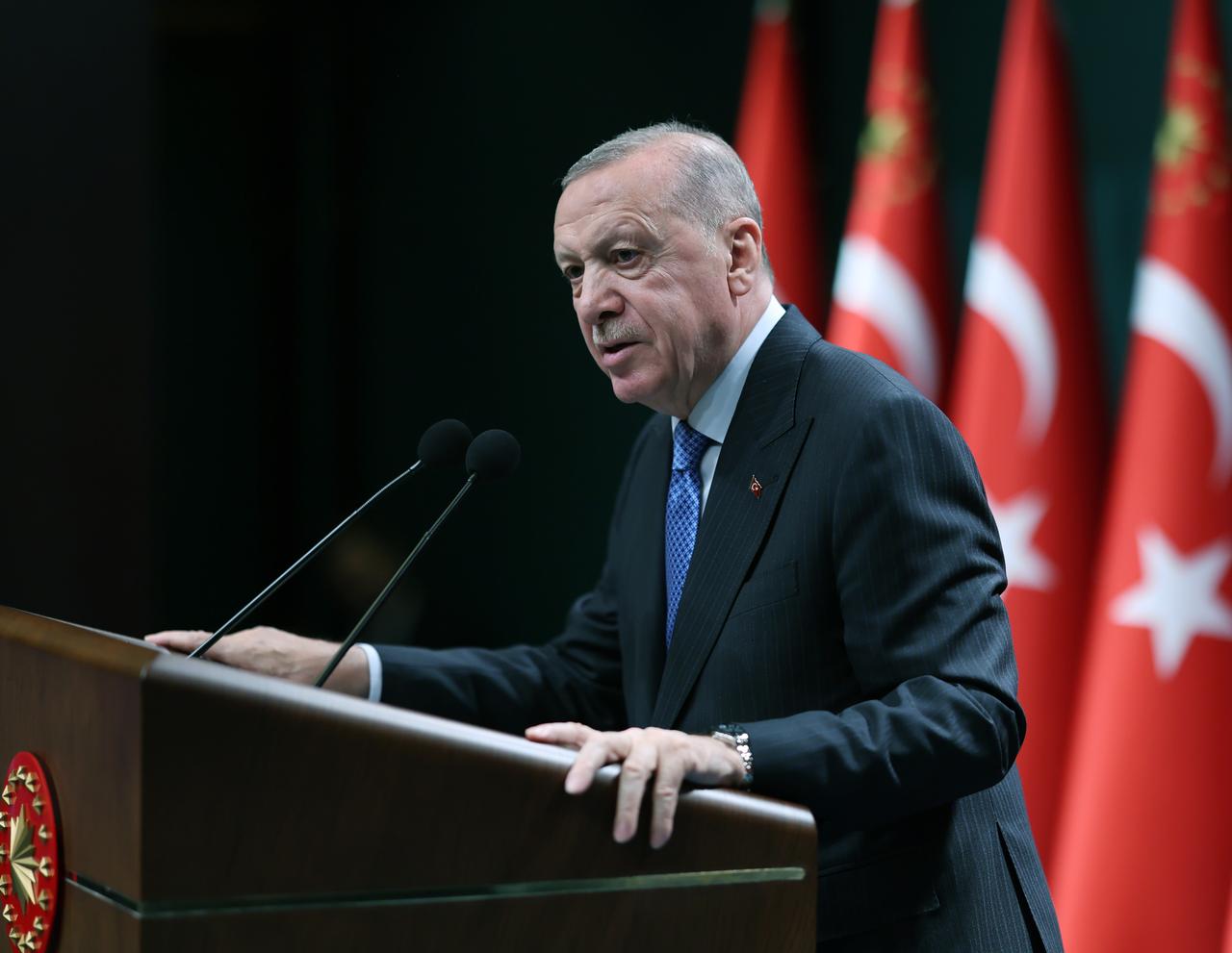 President Erdogan attends a press conference after chairing the cabinet meeting at the Presidential Complex in Ankara, Türkiye on August 11, 2025. (Photo via TUR Presidency/Murat Cetinmuhurdar)