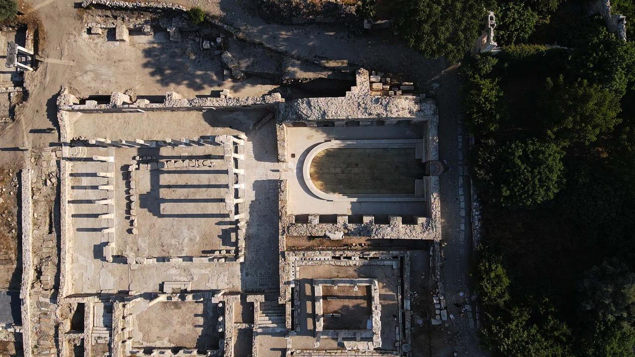Water was released into the pool of the Roman bath in the ancient city of Stratonikeia, located in Yatagan district of Mugla, Türkiye, after the completion of excavation and restoration works, August 10, 2025. (AA Photo)