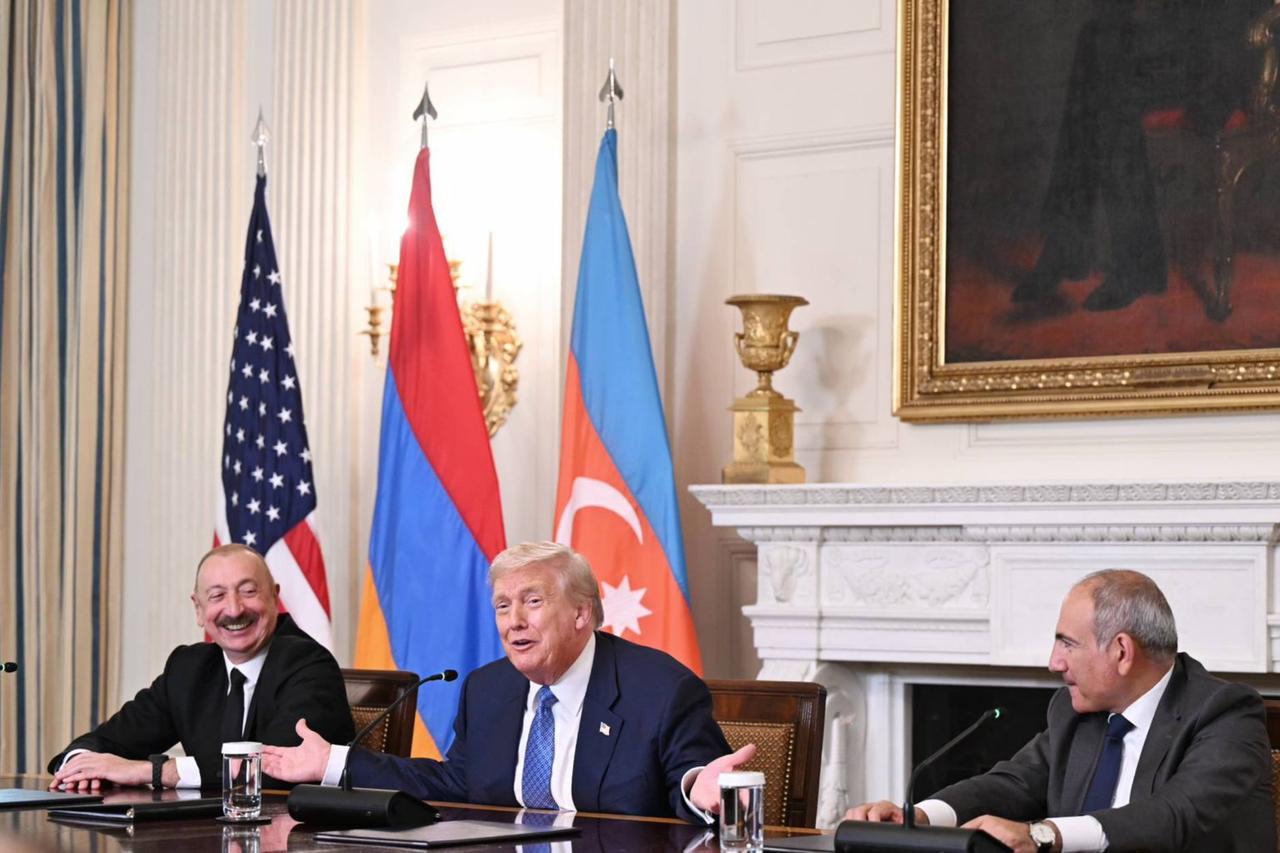 U.S. President Donald Trump (C), Azerbaijani President Ilham Aliyev (L), and Armenian Prime Minister
Nikol Pashinyan (R) hold a press conference following the trilateral meeting where they signed joint declaration at the White House in Washington D.C. , United States on August 08, 2025. (AA Photo)